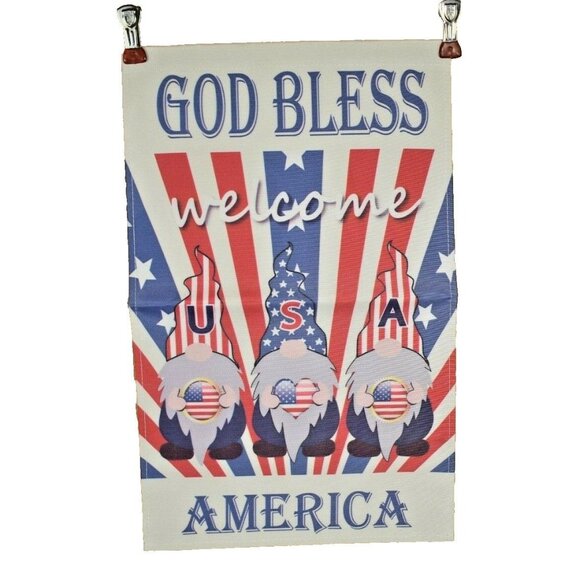 God Bless America Welcome Gnome 12 x 18 Double Sided Nylon Burlap Garden Flag - Picture 1 of 2